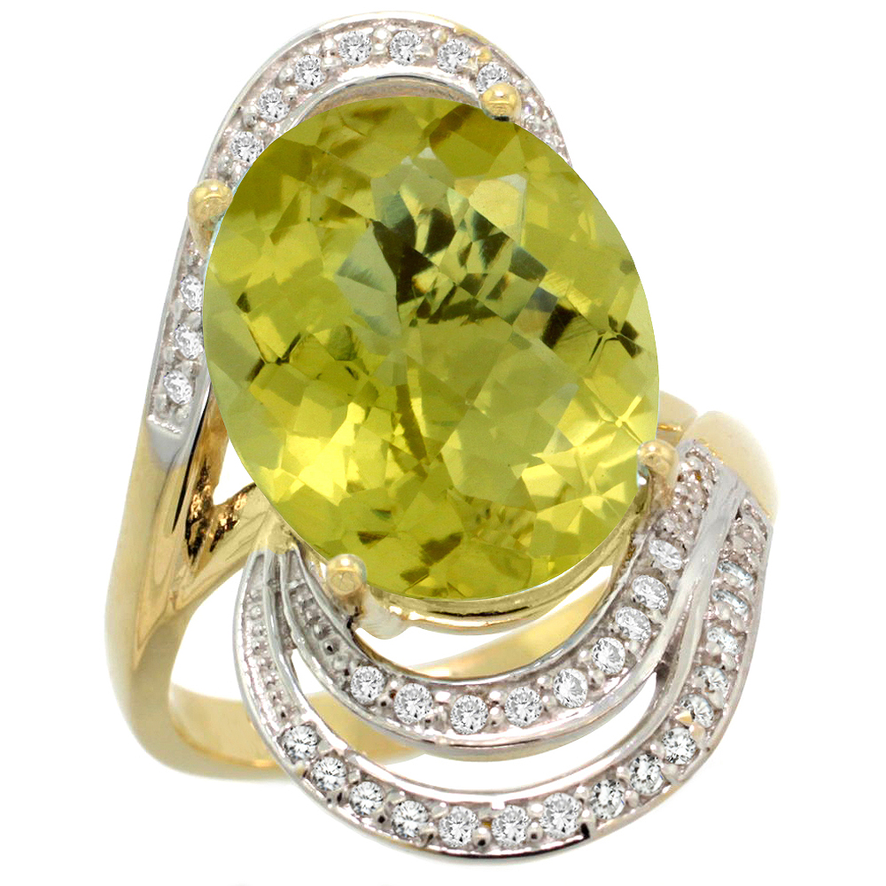 14k Yellow Gold 0.19ct Diamond Genuine Lemon Quartz Engagement Ring Oval 16x12mm 1 inch wide, size 5-10