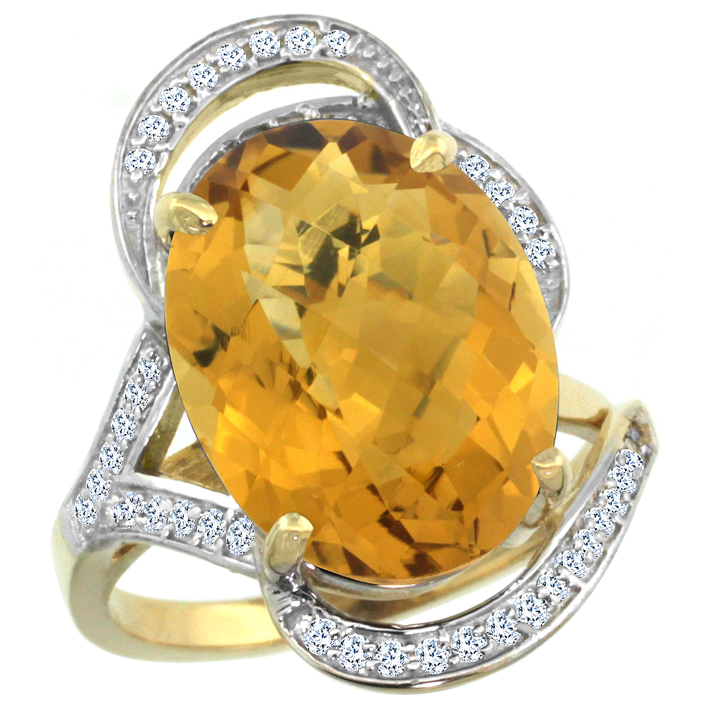 14k Yellow Gold Natural Whisky Quartz Ring Diamond Accent Oval 16x12mm, sizes 5 - 10