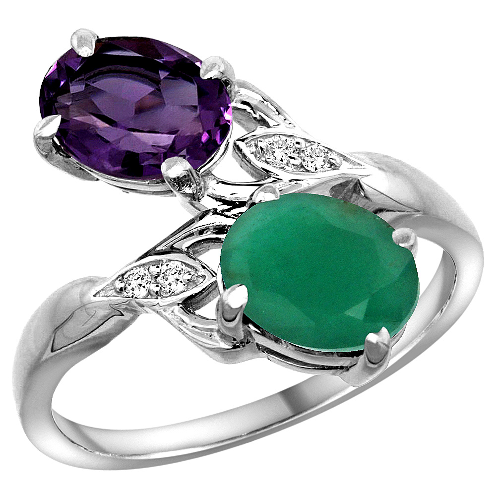 10K White Gold Diamond Natural Amethyst Emerald 2-stone Mothers Ring Oval 8x6mm size 5 - 10