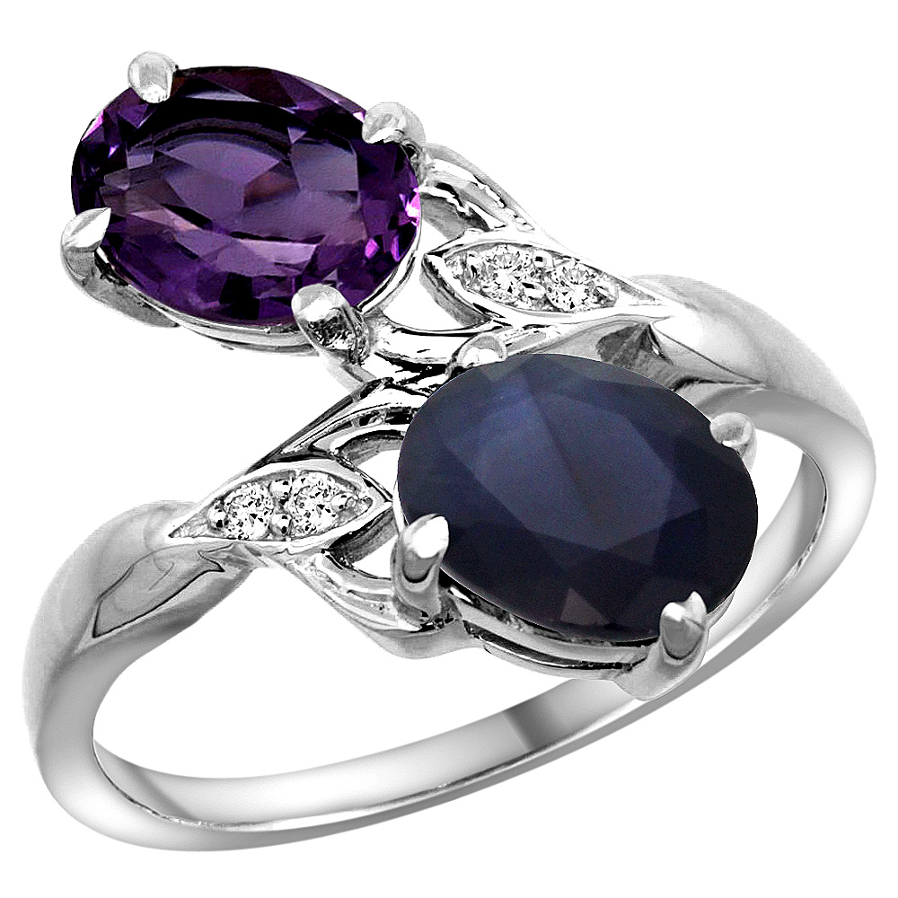 10K White Gold Diamond Natural Amethyst Blue Sapphire 2-stone Mothers Ring Oval 8x6mm size 5-10