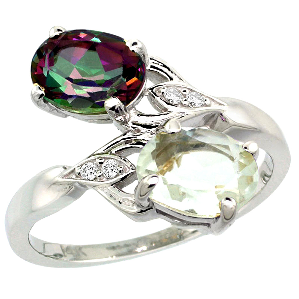 10K White Gold Diamond Natural Green Amethyst & Mystic Topaz 2-stone Ring Oval 8x6mm, sizes 5 - 10