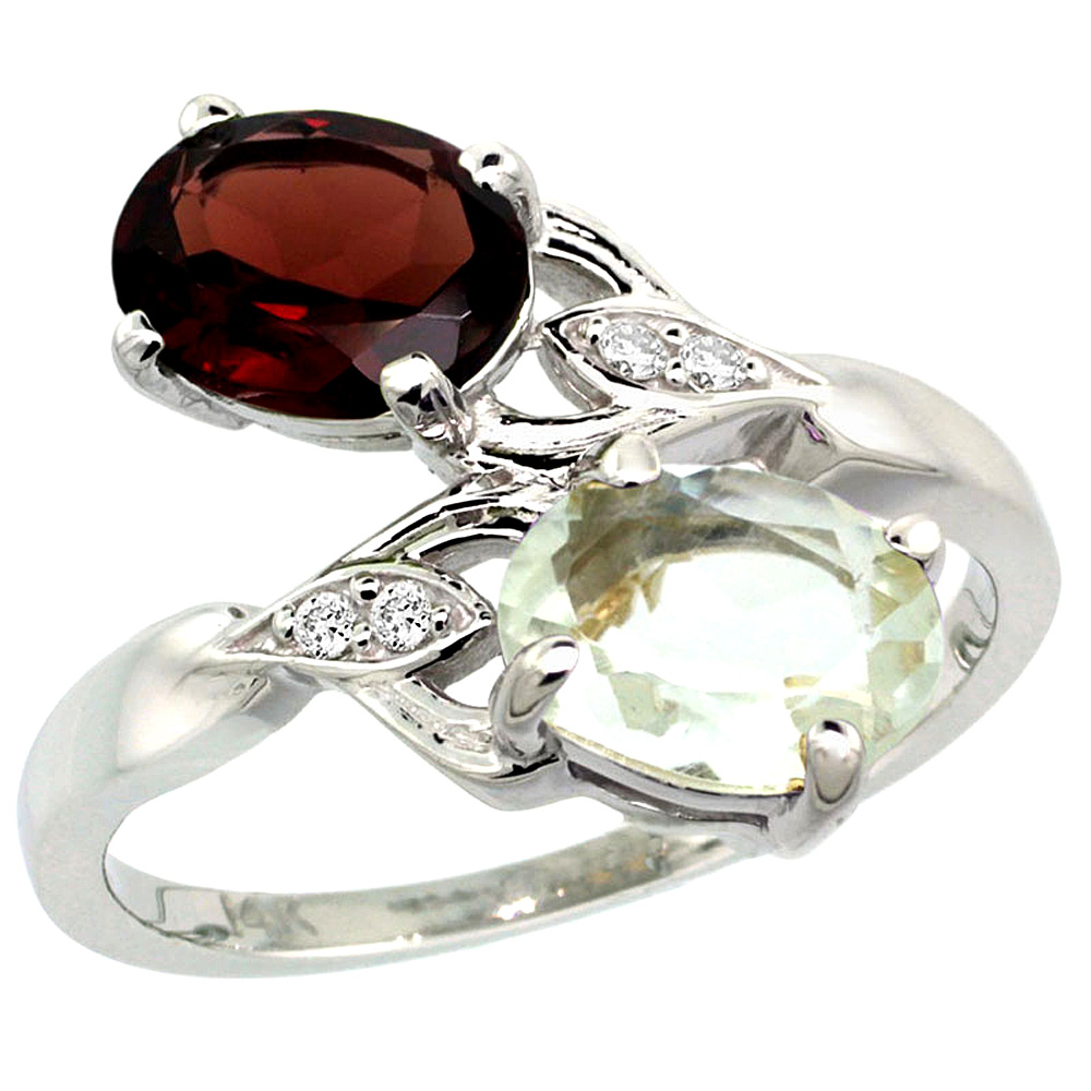 10K White Gold Diamond Natural Green Amethyst & Garnet 2-stone Ring Oval 8x6mm, sizes 5 - 10