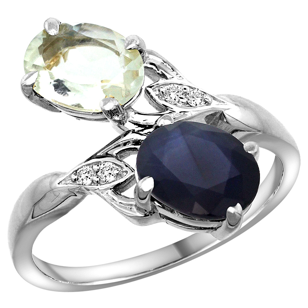 10K White Gold Diamond Natural Green Amethyst Blue Sapphire 2-stone Mothers Ring Oval 8x6mm size 5-10