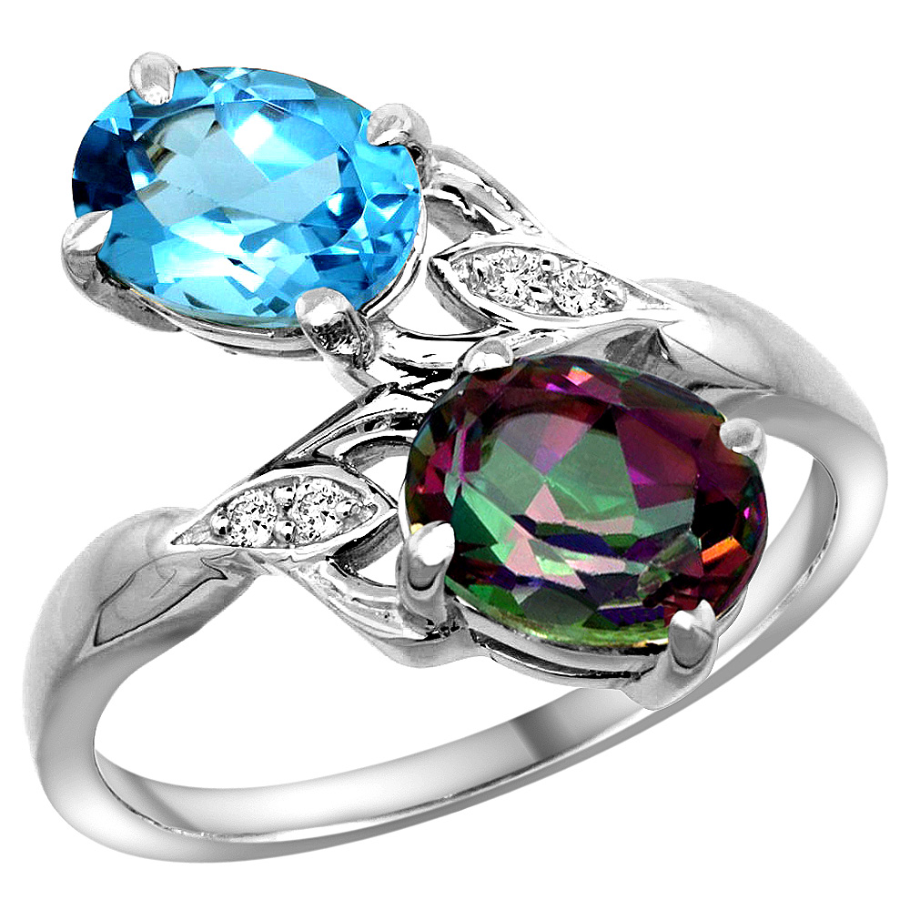 10K White Gold Diamond Natural Swiss Blue & Mystic Topaz 2-stone Ring Oval 8x6mm, sizes 5 - 10