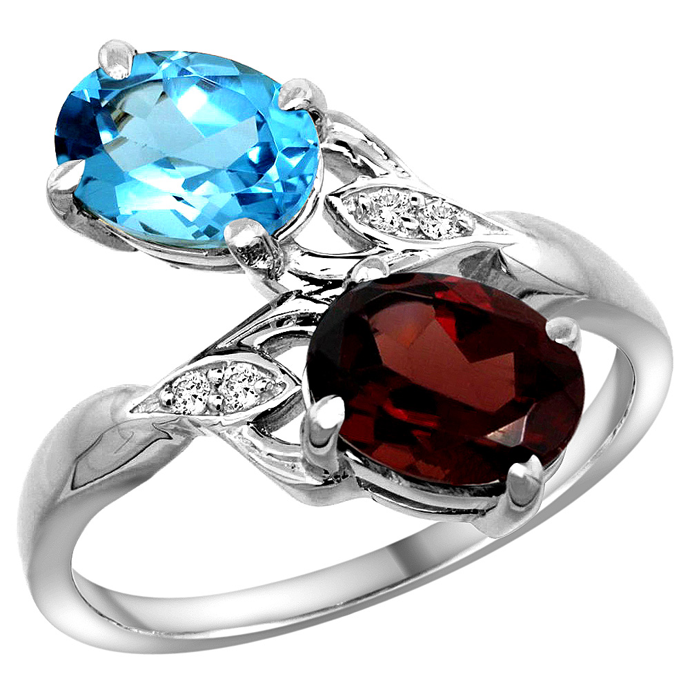 10K White Gold Diamond Natural Swiss Blue Topaz & Garnet 2-stone Ring Oval 8x6mm, sizes 5 - 10