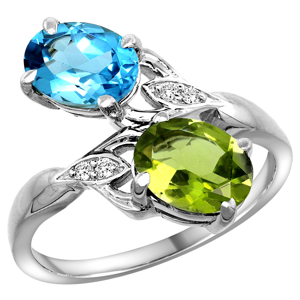 10K White Gold Diamond Natural Swiss Blue Topaz & Peridot 2-stone Ring Oval 8x6mm, sizes 5 - 10