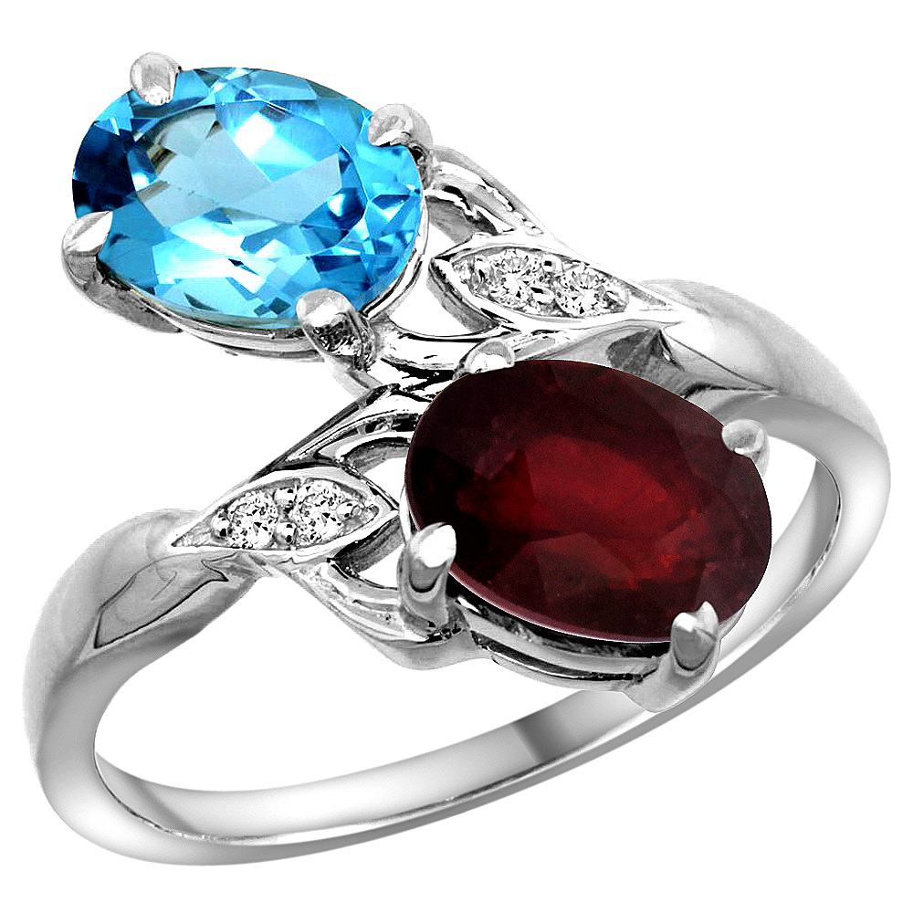 10K White Gold Diamond Natural Swiss Blue Topaz Ruby 2-stone Mothers Ring Oval 8x6mm size 5 - 10