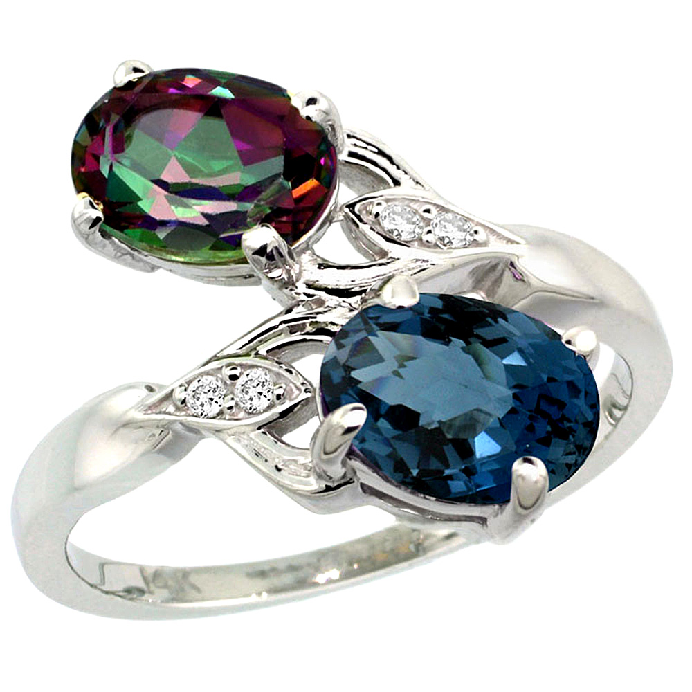 10K White Gold Diamond Natural London Blue & Mystic Topaz 2-stone Ring Oval 8x6mm, sizes 5 - 10