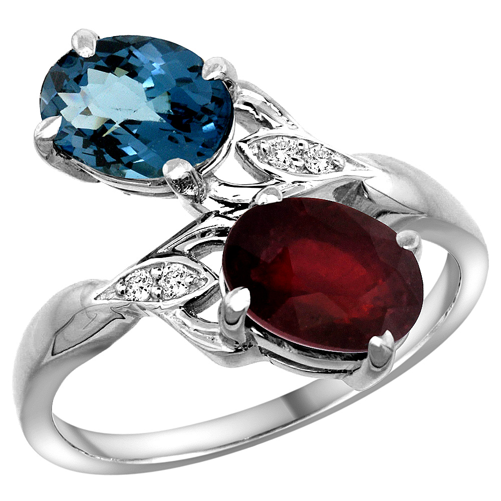 10K White Gold Diamond Natural London Blue Topaz Ruby 2-stone Mothers Ring Oval 8x6mm size 5-10