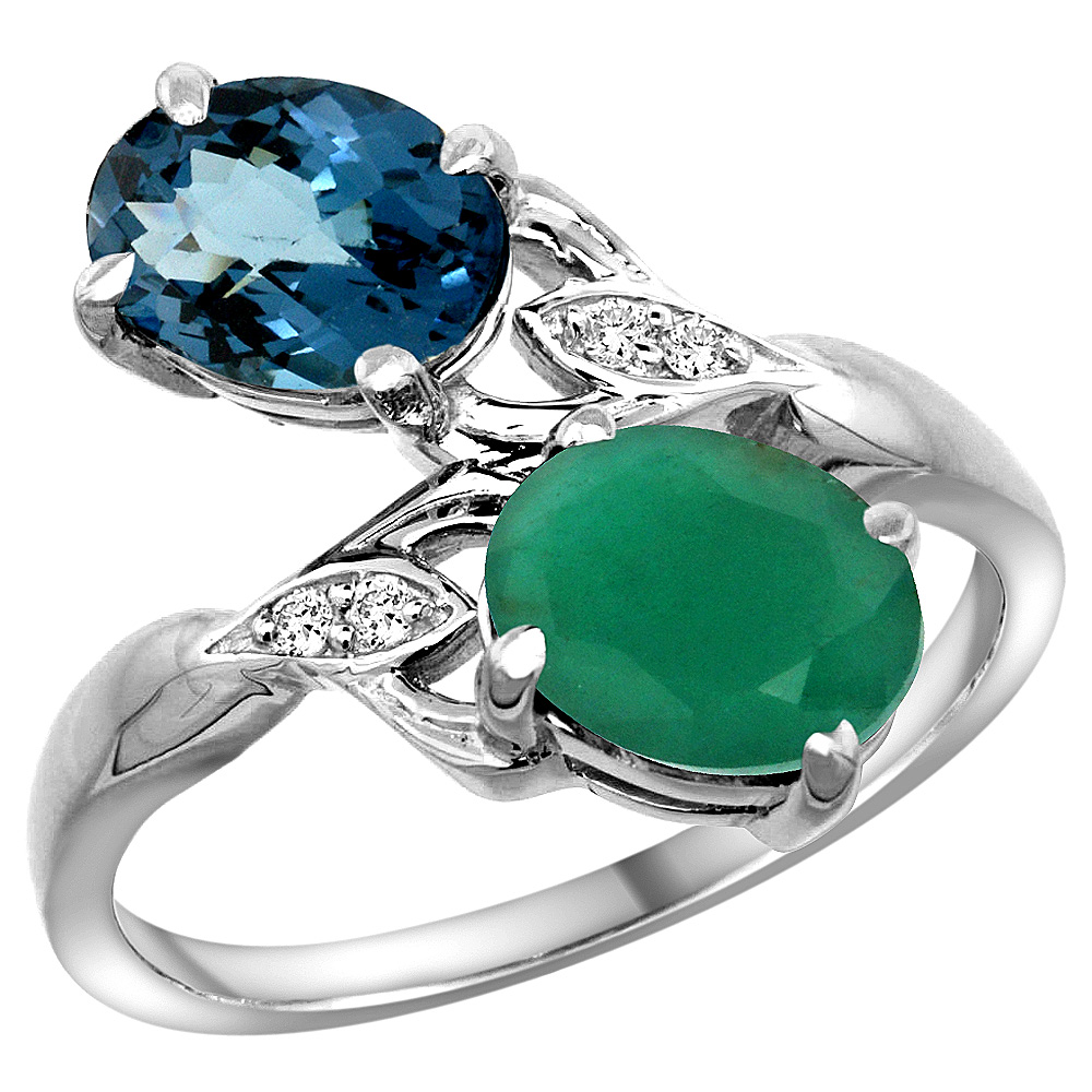 10K White Gold Diamond Natural London Blue Topaz Emerald 2-stone Mothers Ring Oval 8x6mm size 5 - 10