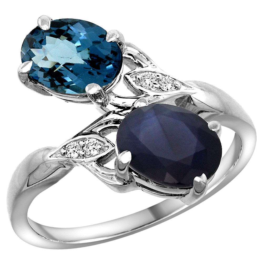 10K White Gold Diamond Natural London Blue Topaz Blue Sapphire 2-stone Ring Oval 8x6mm size 5-10
