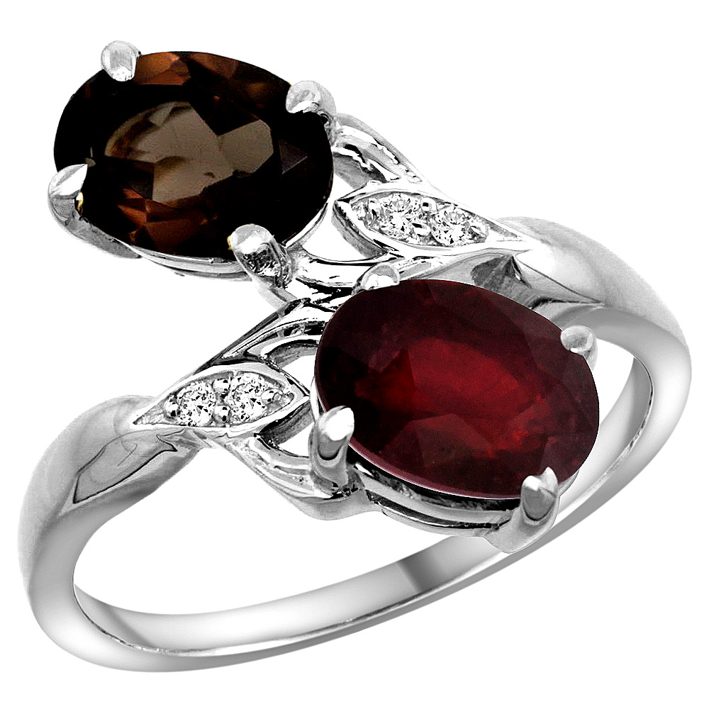10K White Gold Diamond Natural Smoky Topaz Ruby 2-stone Mothers Ring Oval 8x6mm size 5 - 10
