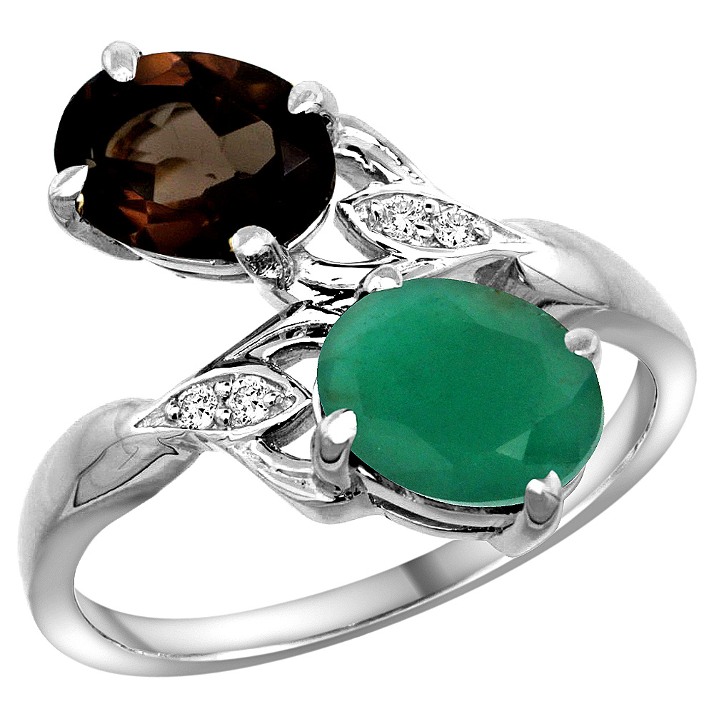 10K White Gold Diamond Natural Smoky Topaz Emerald 2-stone Mothers Ring Oval 8x6mm size 5 - 10