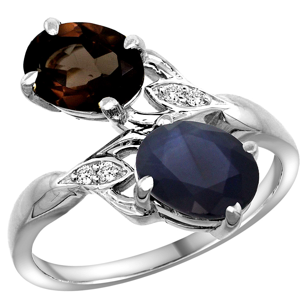 10K White Gold Diamond Natural Smoky Topaz Blue Sapphire 2-stone Mothers Ring Oval 8x6mm size 5 - 10