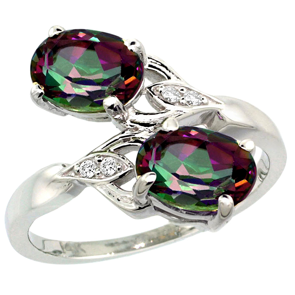 10K White Gold Diamond Natural Mystic Topaz 2-stone Ring Oval 8x6mm, sizes 5 - 10