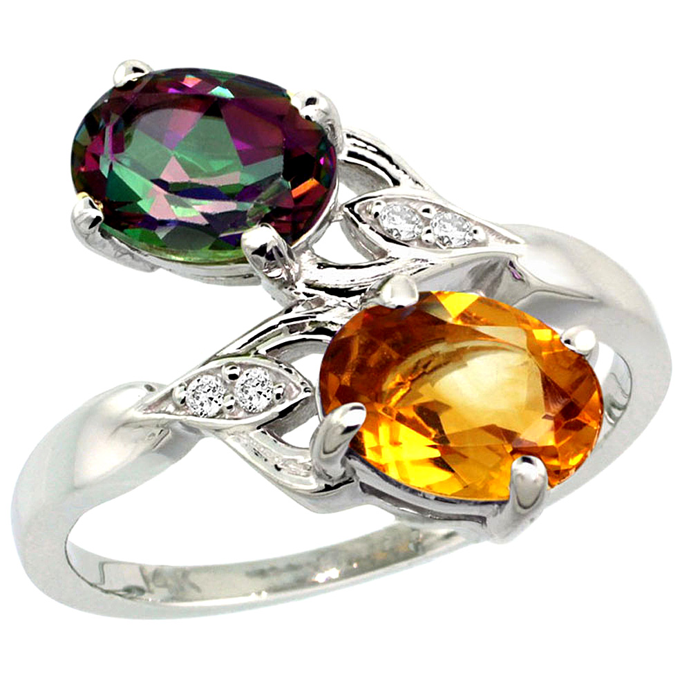 10K White Gold Diamond Natural Mystic Topaz & Citrine 2-stone Ring Oval 8x6mm, sizes 5 - 10