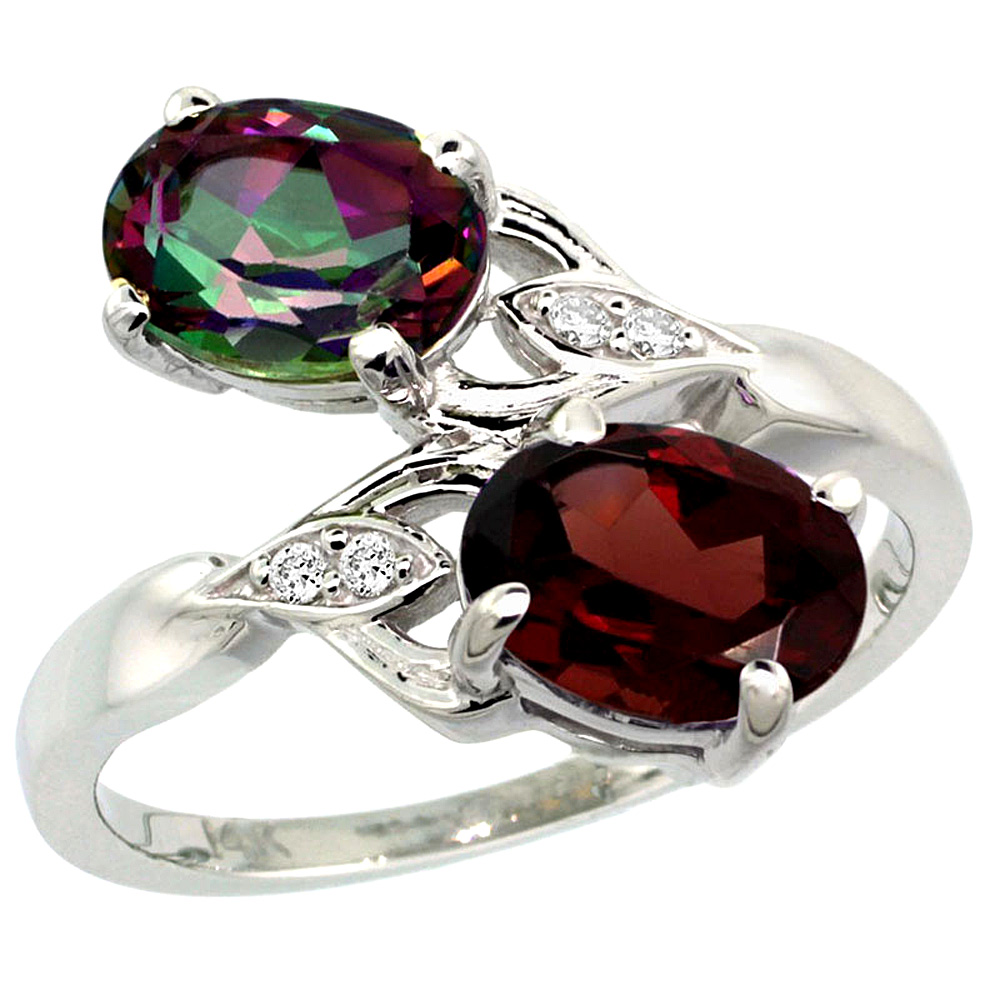 10K White Gold Diamond Natural Mystic Topaz & Garnet 2-stone Ring Oval 8x6mm, sizes 5 - 10