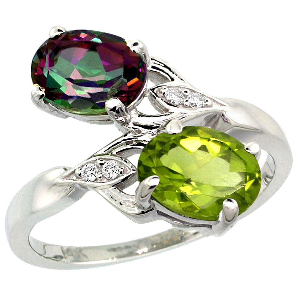 10K White Gold Diamond Natural Mystic Topaz & Peridot 2-stone Ring Oval 8x6mm, sizes 5 - 10