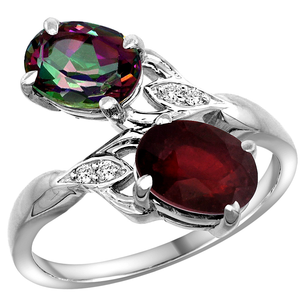 10K White Gold Diamond Natural Mystic Topaz Ruby 2-stone Mothers Ring Oval 8x6mm size 5 - 10
