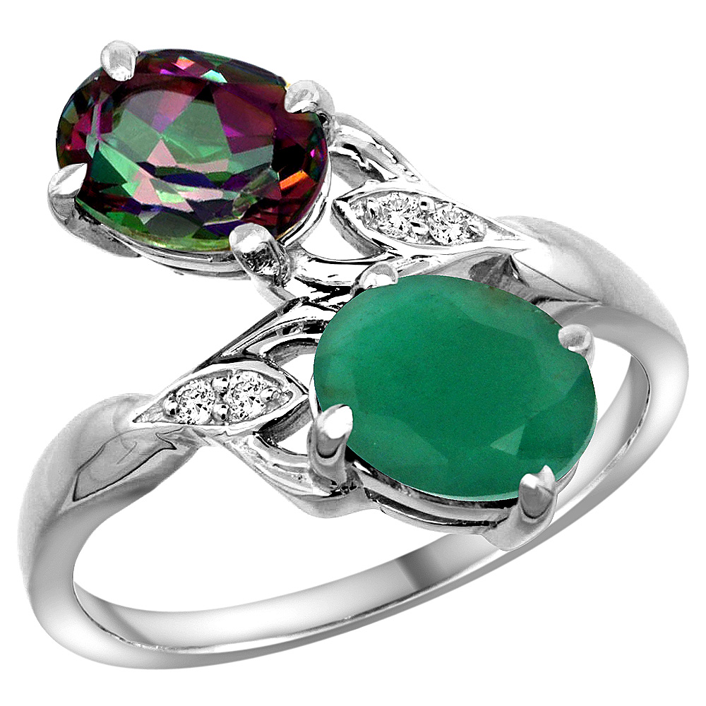 10K White Gold Diamond Natural Mystic Topaz Emerald 2-stone Mothers Ring Oval 8x6mm size 5-10