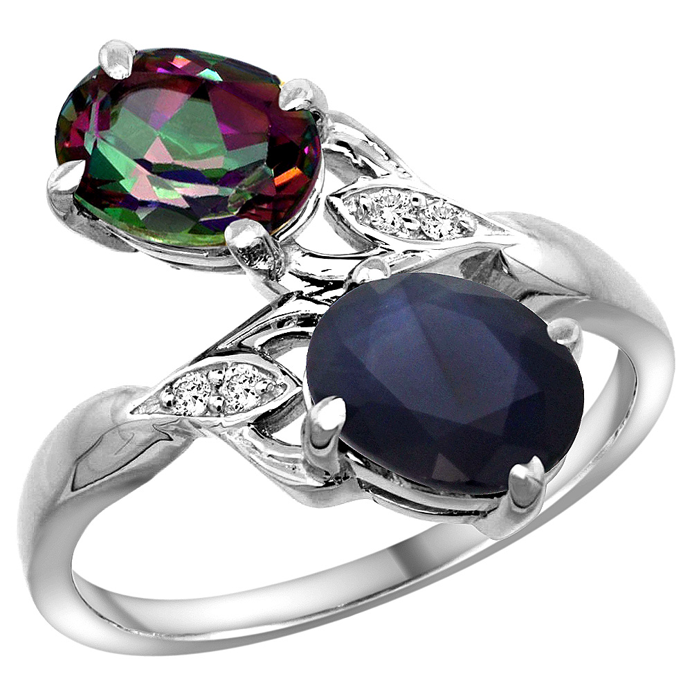 10K White Gold Diamond Natural Mystic Topaz Blue Sapphire 2-stone Mothers Ring Oval 8x6mm size 5-10