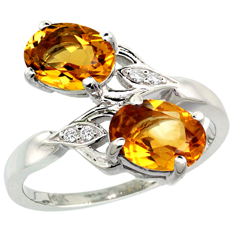 10K White Gold Diamond Natural Citrine 2-stone Ring Oval 8x6mm, sizes 5 - 10
