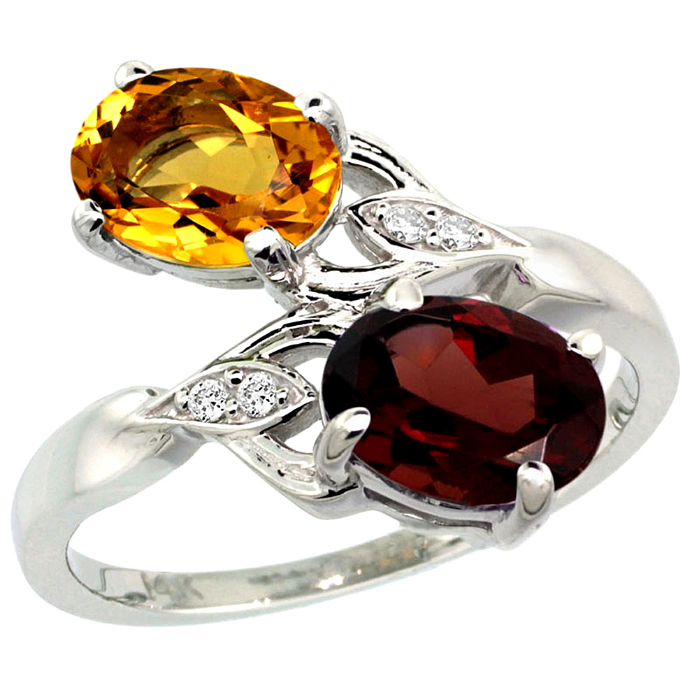 10K White Gold Diamond Natural Citrine & Garnet 2-stone Ring Oval 8x6mm, sizes 5 - 10