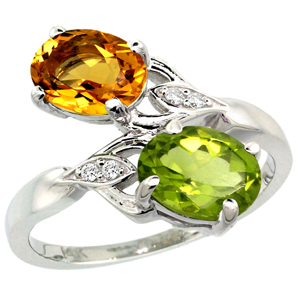 10K White Gold Diamond Natural Citrine & Peridot 2-stone Ring Oval 8x6mm, sizes 5 - 10