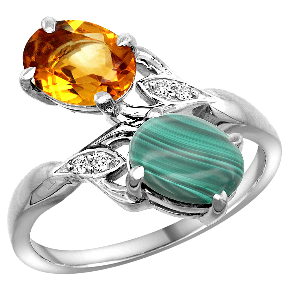 14k White Gold Diamond Natural Citrine & Malachite 2-stone Ring Oval 8x6mm, sizes 5 - 10