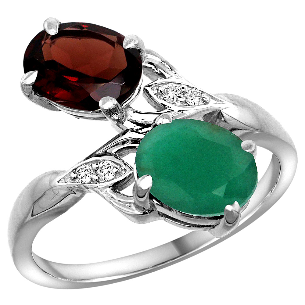 10K White Gold Diamond Natural Garnet Emerald 2-stone Mothers Ring Oval 8x6mm size 5 - 10