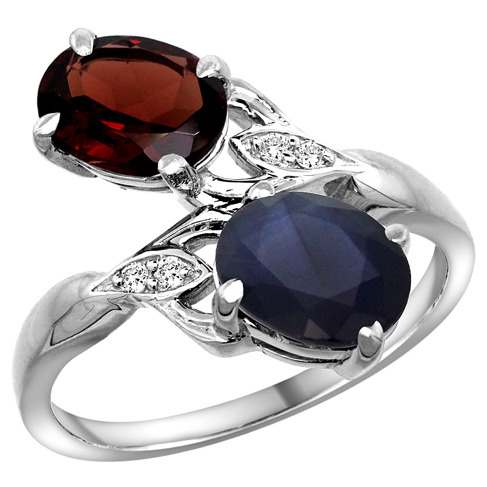 10K White Gold Diamond Natural Garnet Blue Sapphire 2-stone Mothers Ring Oval 8x6mm size 5-10