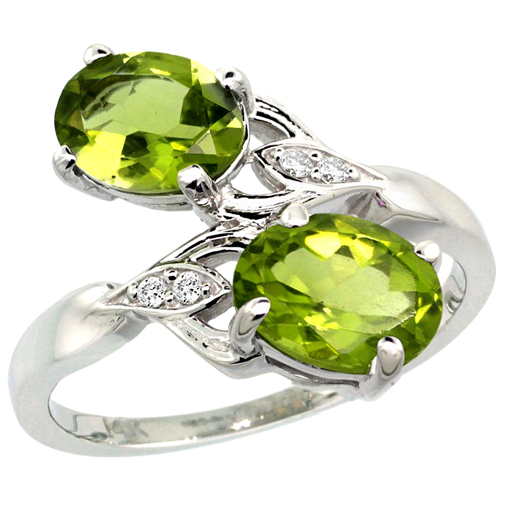 10K White Gold Diamond Natural Peridot 2-stone Ring Oval 8x6mm, sizes 5 - 10