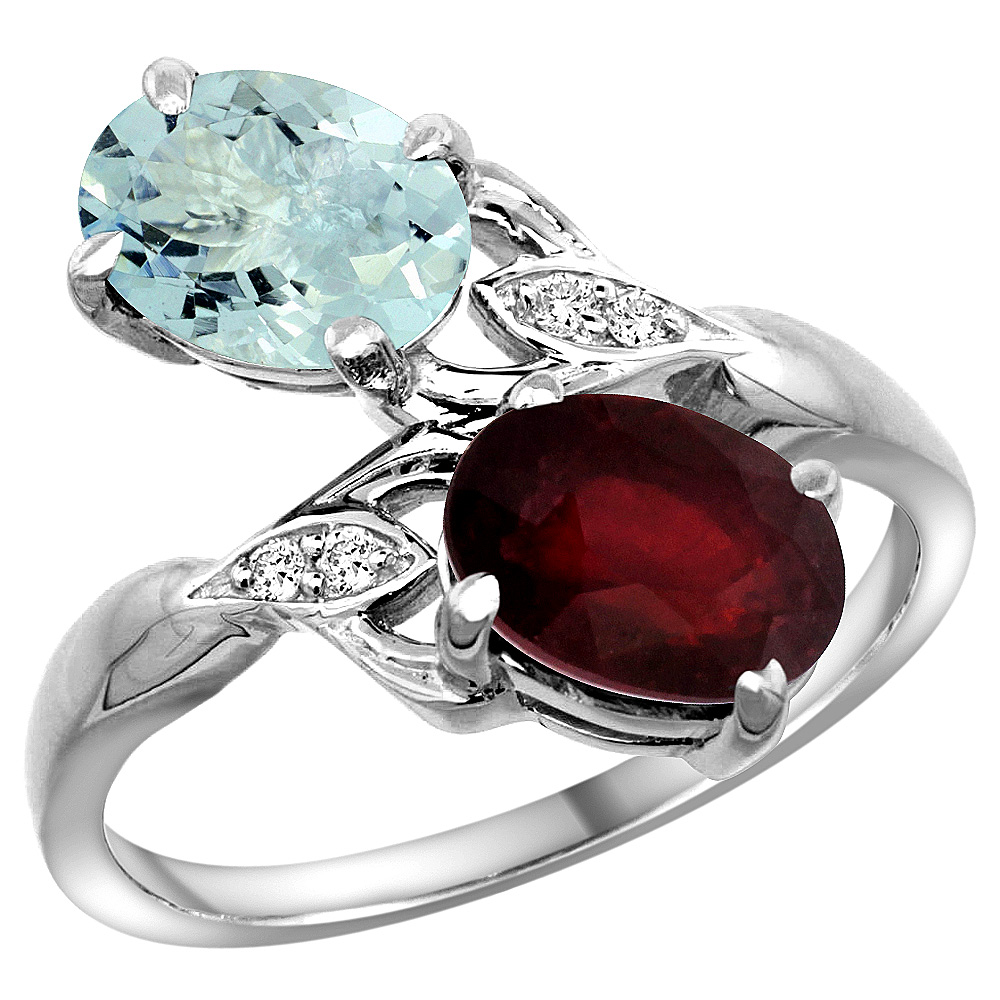 10K White Gold Diamond Natural Aquamarine Ruby 2-stone Mothers Ring Oval 8x6mm size 5 - 10