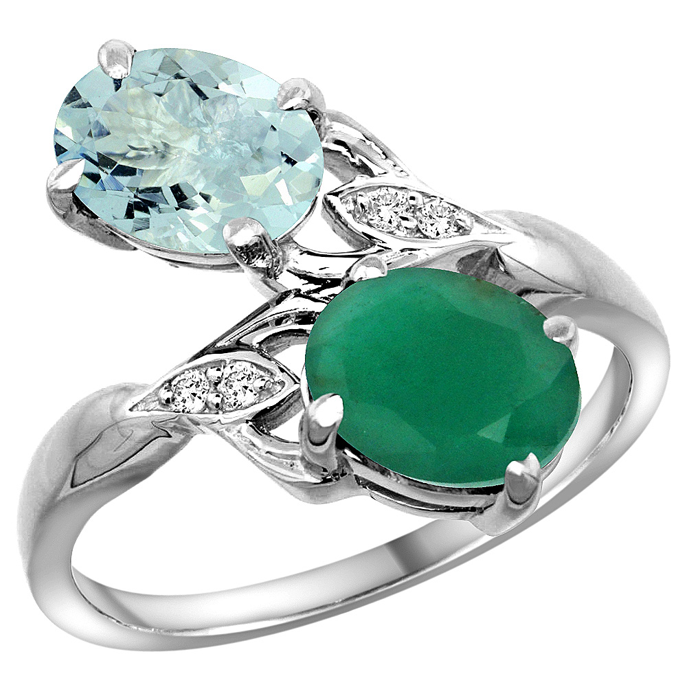 10K White Gold Diamond Natural Aquamarine Emerald 2-stone Mothers Ring Oval 8x6mm size 5 - 10
