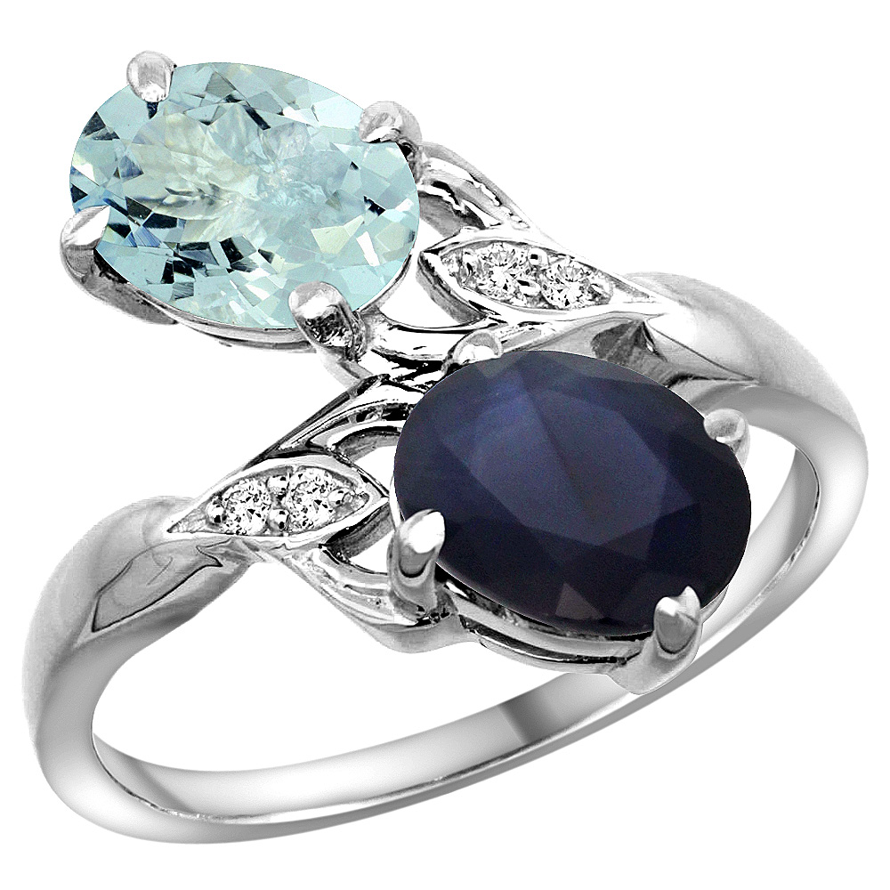 10K White Gold Diamond Natural Aquamarine Blue Sapphire 2-stone Mothers Ring Oval 8x6mm size 5-10