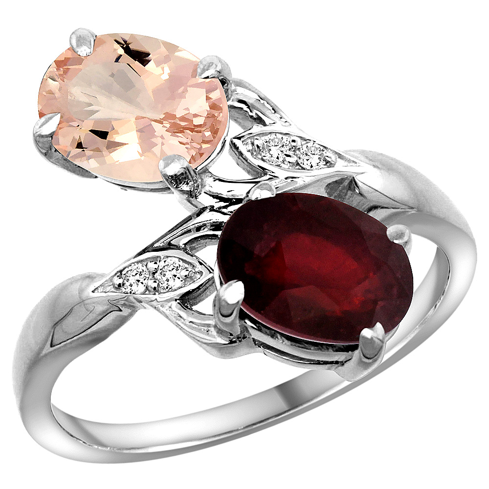 10K White Gold Diamond Natural Morganite Ruby 2-stone Mothers Ring Oval 8x6mm size 5 - 10