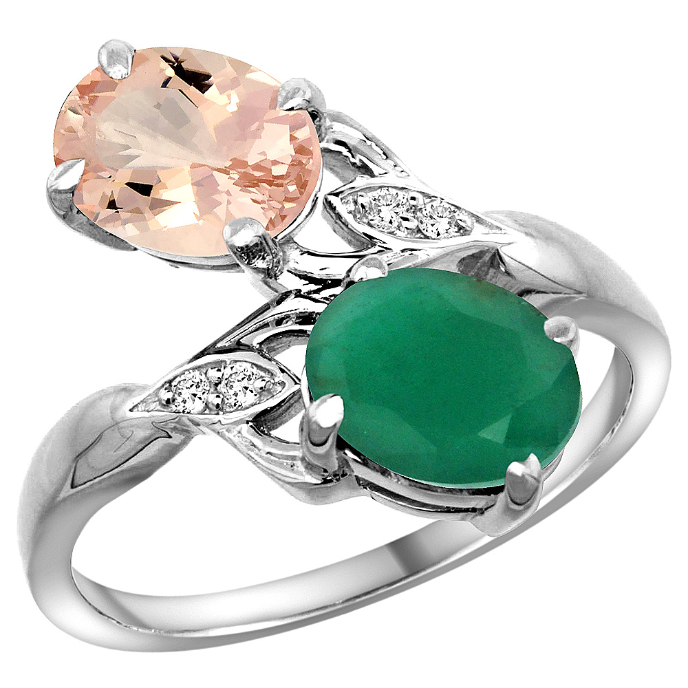 10K White Gold Diamond Natural Morganite Emerald 2-stone Mothers Ring Oval 8x6mm size 5 - 10