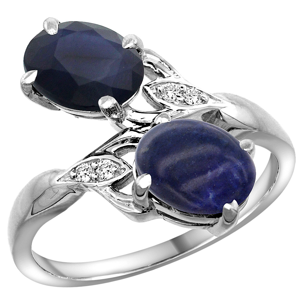 10K White Gold Diamond Natural Australian Sapphire & Lapis 2-stone Ring Oval 8x6mm, sizes 5 - 10