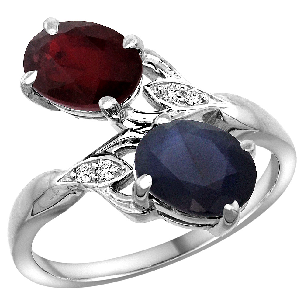 10K White Gold Diamond Natural Ruby Blue Sapphire 2-stone Mothers Ring Oval 8x6mm size 5 - 10