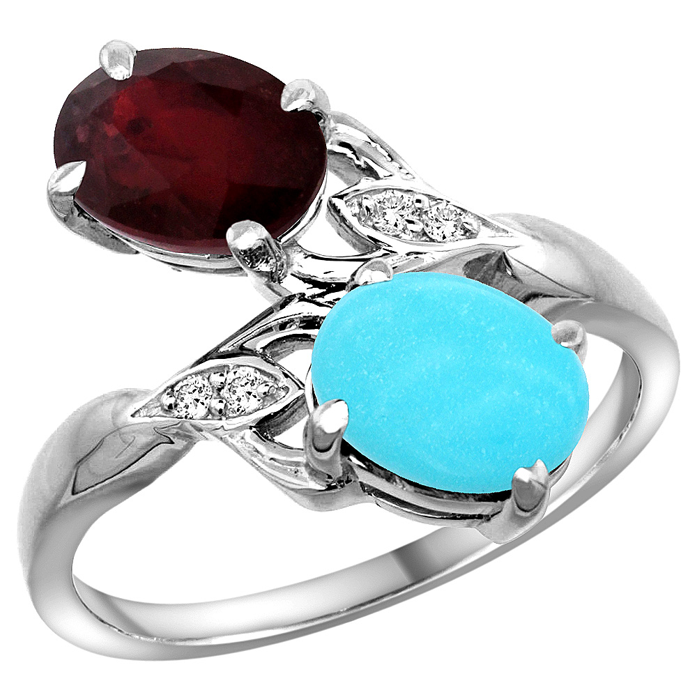 10K White Gold Diamond Natural Ruby Turquoise 2-stone Mothers Ring Oval 8x6mm size 5 - 10