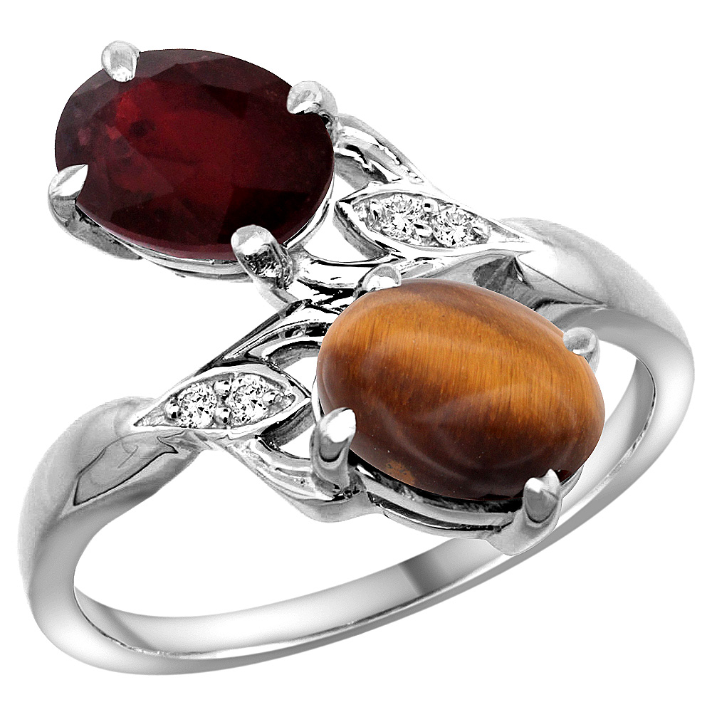 10K White Gold Diamond Natural Ruby Tiger Eye 2-stone Mothers Ring Oval 8x6mm size 5 - 10