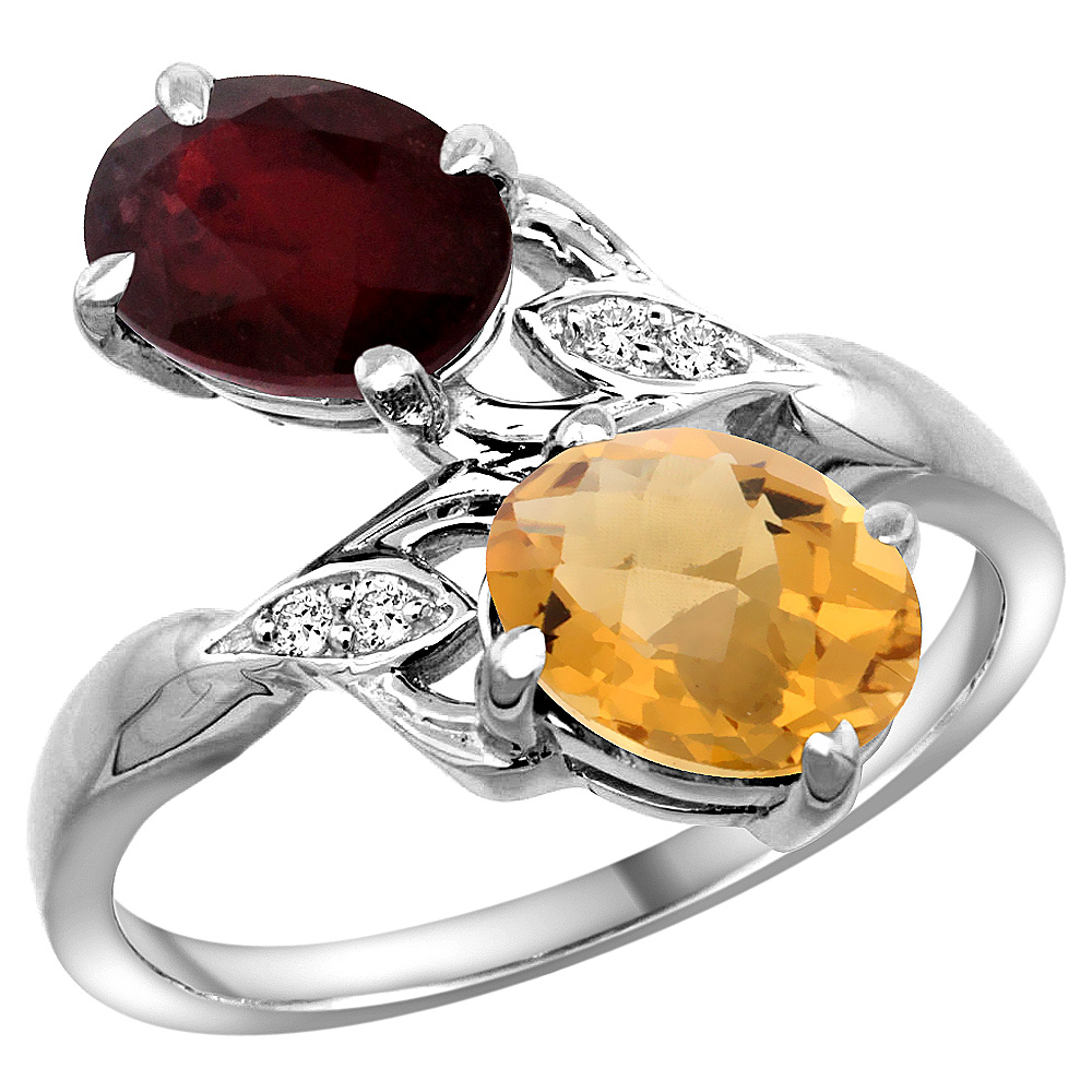 10K White Gold Diamond Natural Ruby Whisky Quartz 2-stone Mothers Ring Oval 8x6mm size 5 - 10