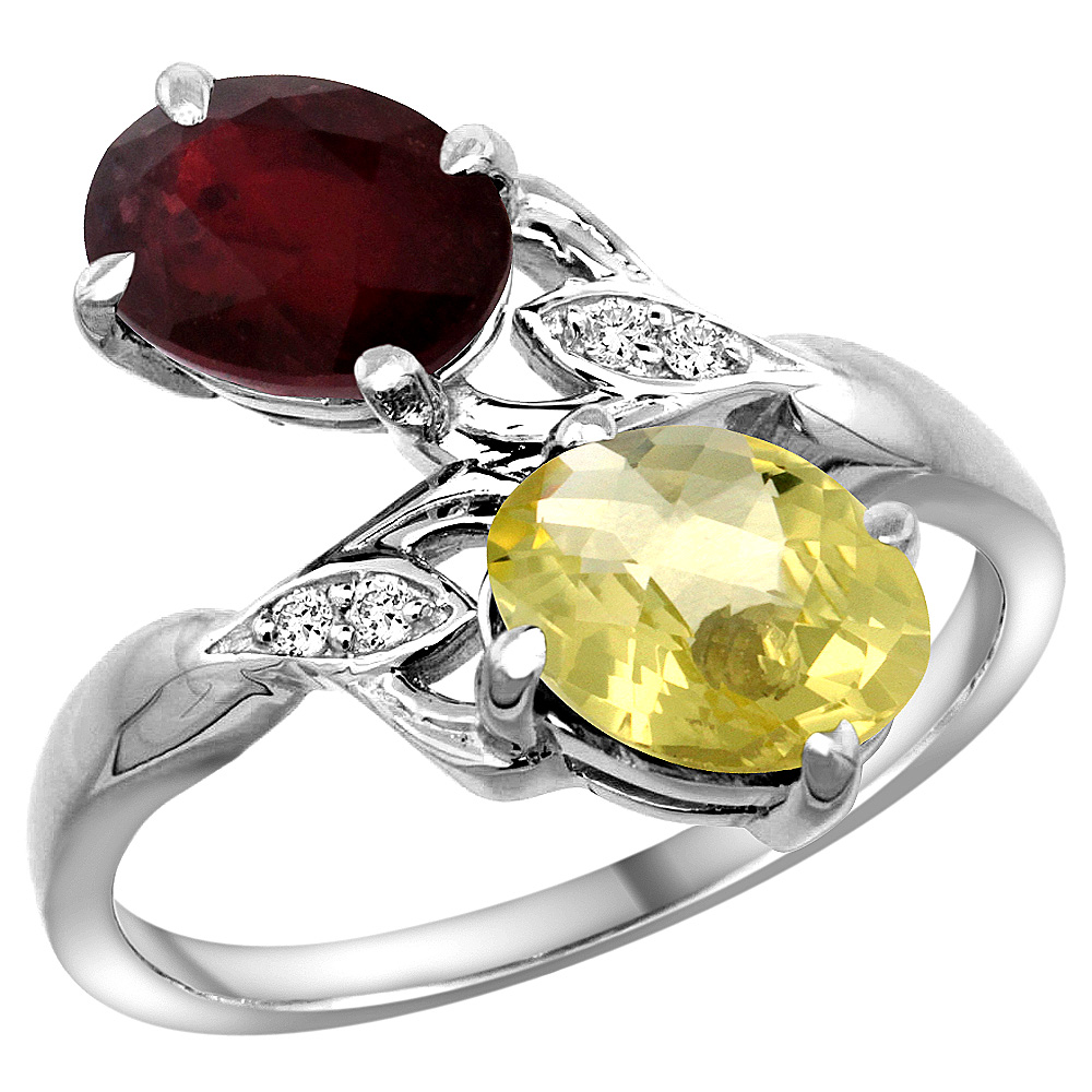 10K White Gold Diamond Natural Ruby Lemon Quartz 2-stone Mothers Ring Oval 8x6mm size 5 - 10