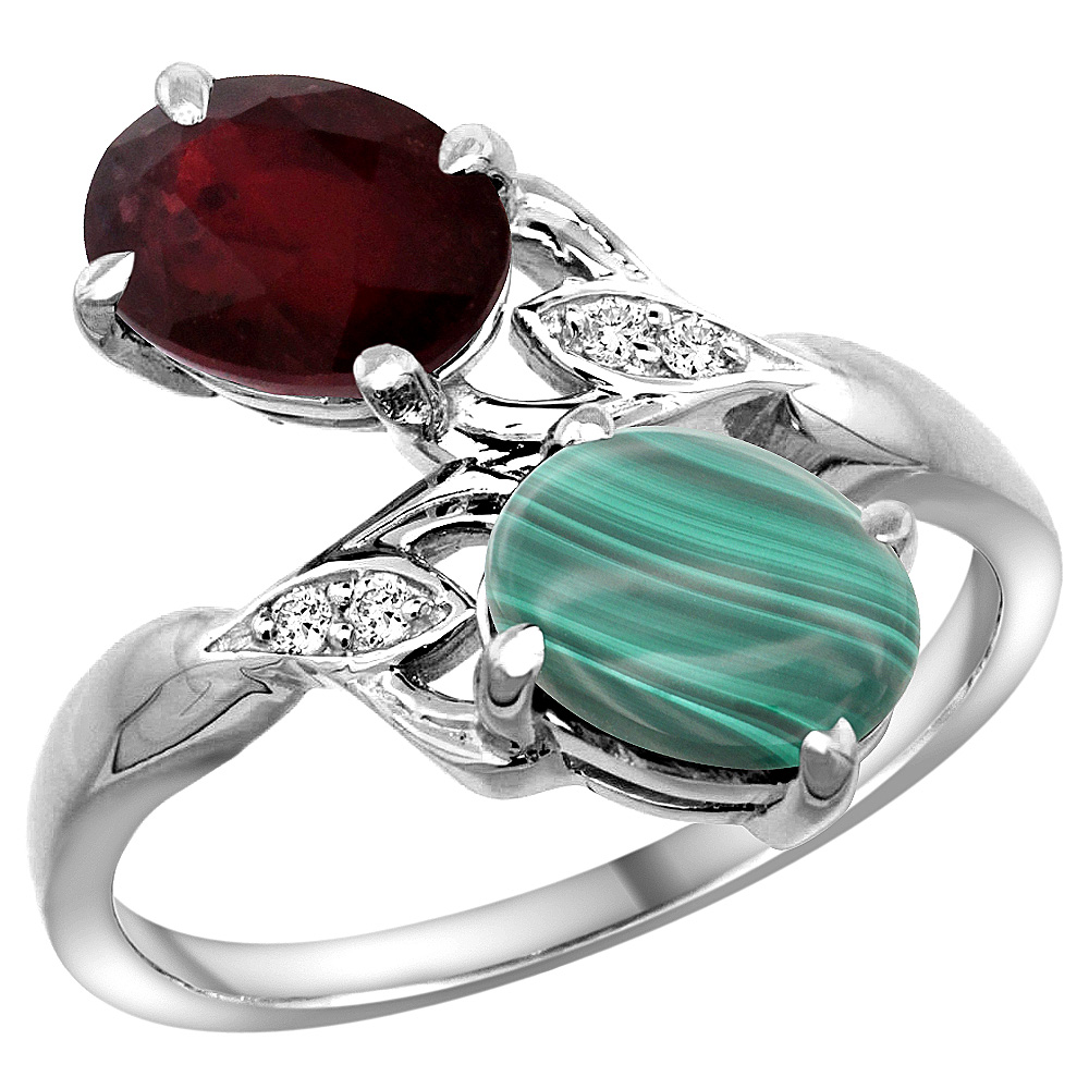 10K White Gold Diamond Natural Ruby Malachite 2-stone Mothers Ring Oval 8x6mm size 5 - 10