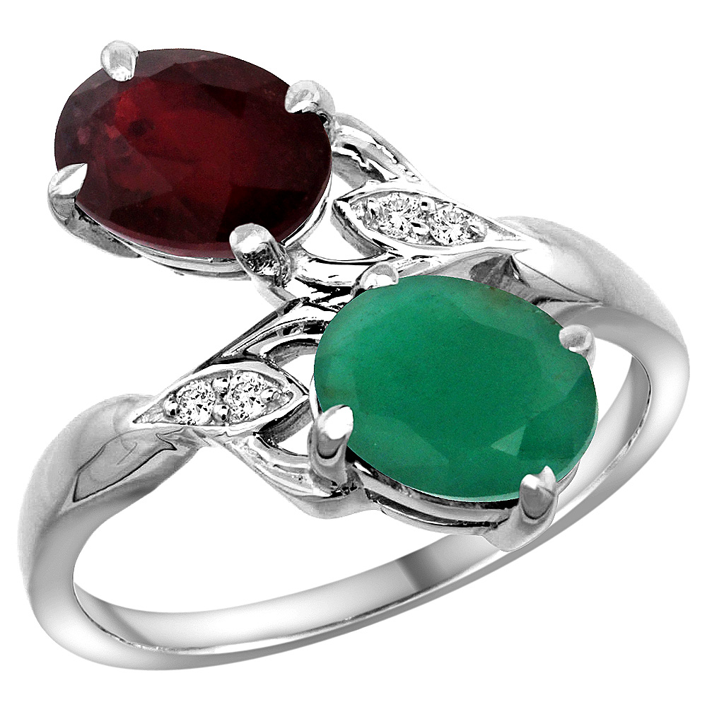 10K White Gold Diamond Natural Ruby Emerald 2-stone Mothers Ring Oval 8x6mm size 5-10