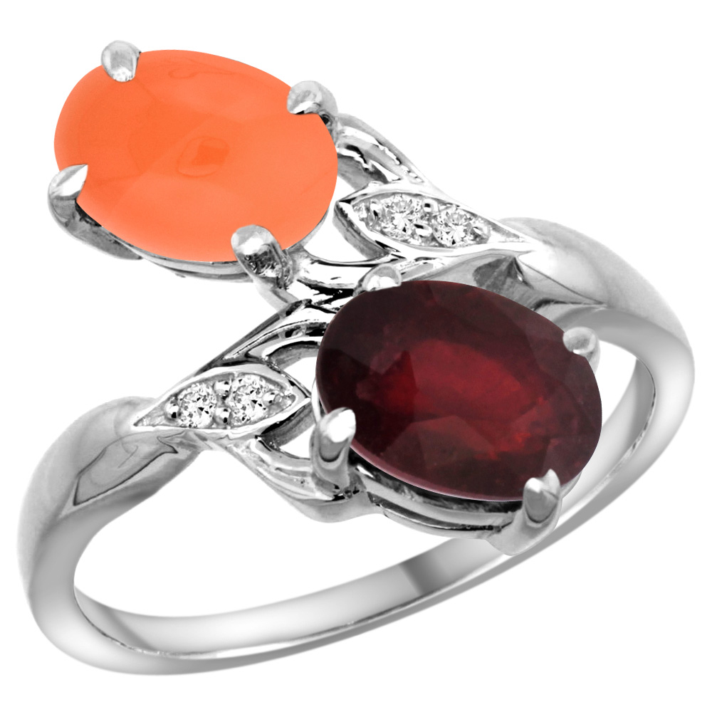 10K White Gold Diamond Natural Ruby Orange Moonstone 2-stone Mothers Ring Oval 8x6mm size 5 - 10
