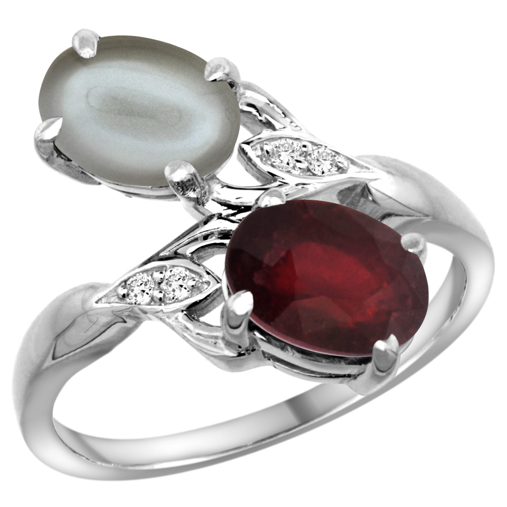 10K White Gold Diamond Natural Ruby Gray Moonstone 2-stone Mothers Ring Oval 8x6mm size 5 - 10