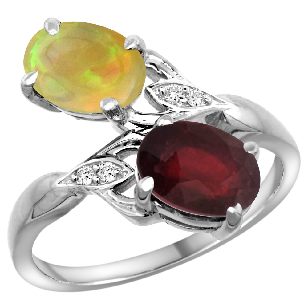 10K White Gold Diamond Natural Ruby Ethiopian Opal 2-stone Mothers Ring Oval 8x6mm size 5 - 10
