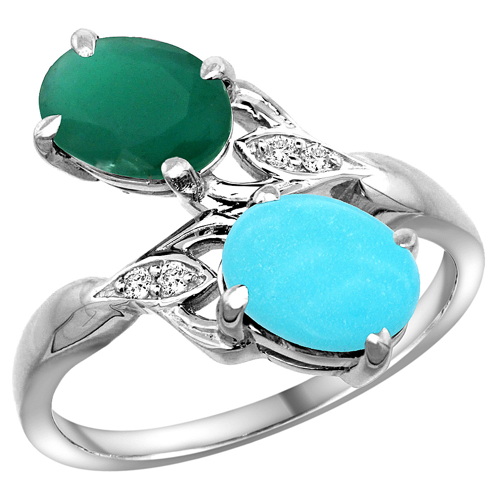 10K White Gold Diamond Natural Emerald Turquoise 2-stone Mothers Ring Oval 8x6mm size 5 - 10