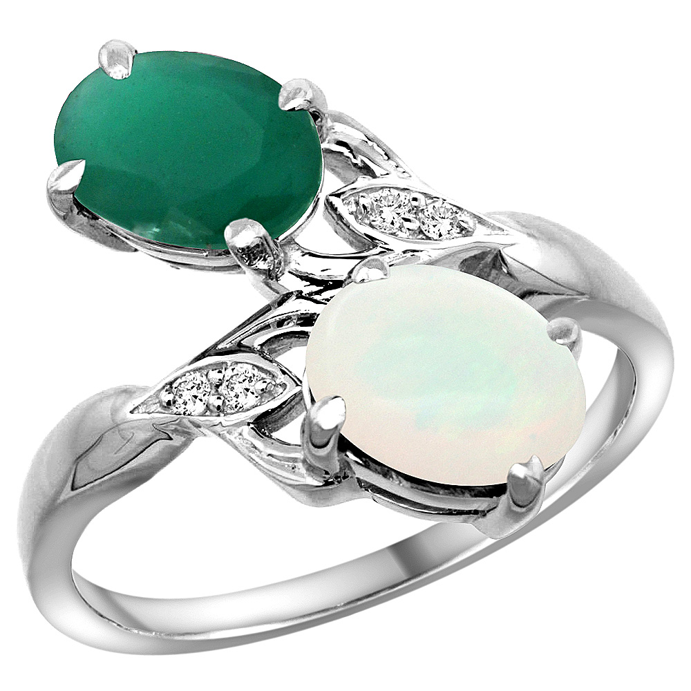 10K White Gold Diamond Natural Emerald Opal 2-stone Mothers Ring Oval 8x6mm size 5 - 10